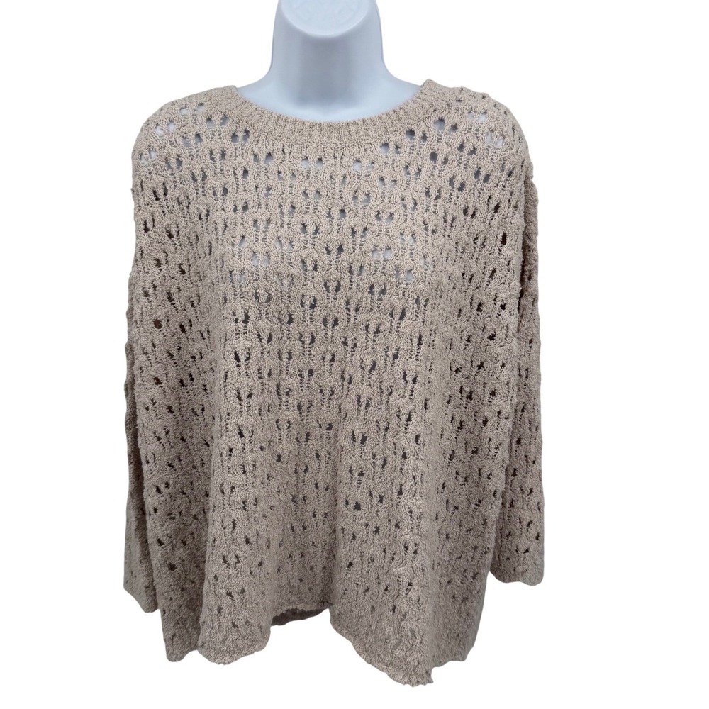 Eileen Fisher M Tan Organic Cotton Fluff Bracelet Sleeve‎ Top Cashmere Knit NWT